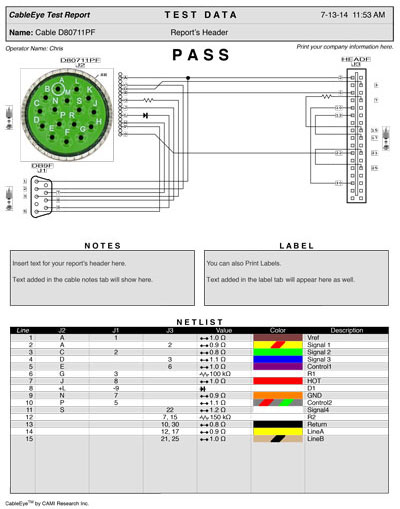 Example shows colour graphics of connector, wiring schematic, and netlist with color-coded wires
