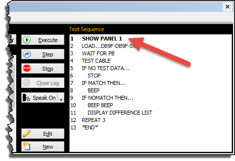 Simple macro calls the pass/fail check GUI in line 1, then automatically loads gold cable data ready for rest of automated test sequence.