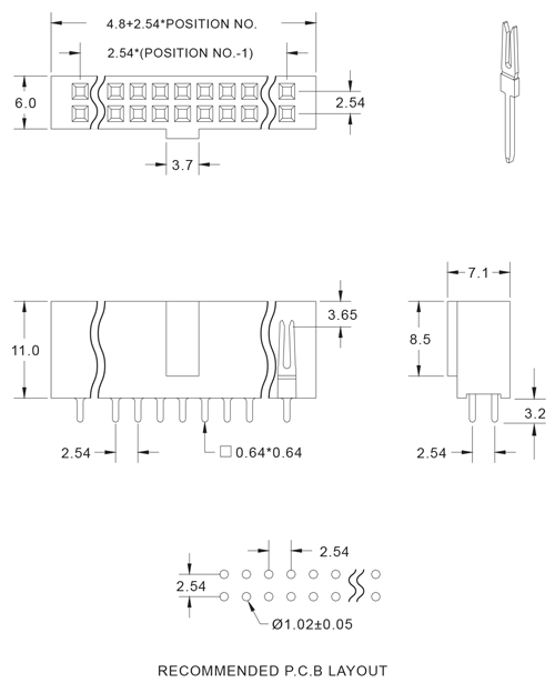 Technical Drawing of Polarized Boardmount Socket that replaces 3M 8564-4500PL, and of Recommended PCB Layout