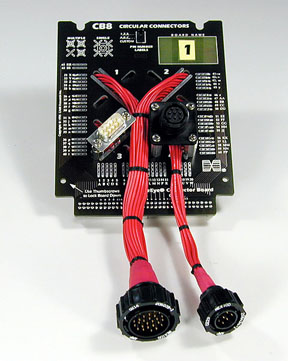Adapter cables with circular connectors are combined with fixed-mounted connectors on this CB8 board.