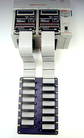 Cable tester with 896 test points links to a custom connector panel with 14 64-pin Telco connectors.