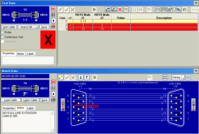 Cable wiring errors appear graphically using the CableEye cable tester.