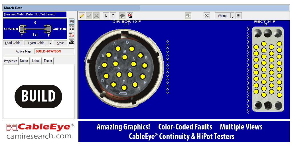 GIF shows color-coded graphical wiring display using connector images imported with optional software. Wired pins are highlighted, in-line components are deteced and drawn schematically, and errors are identified and color-coded.  