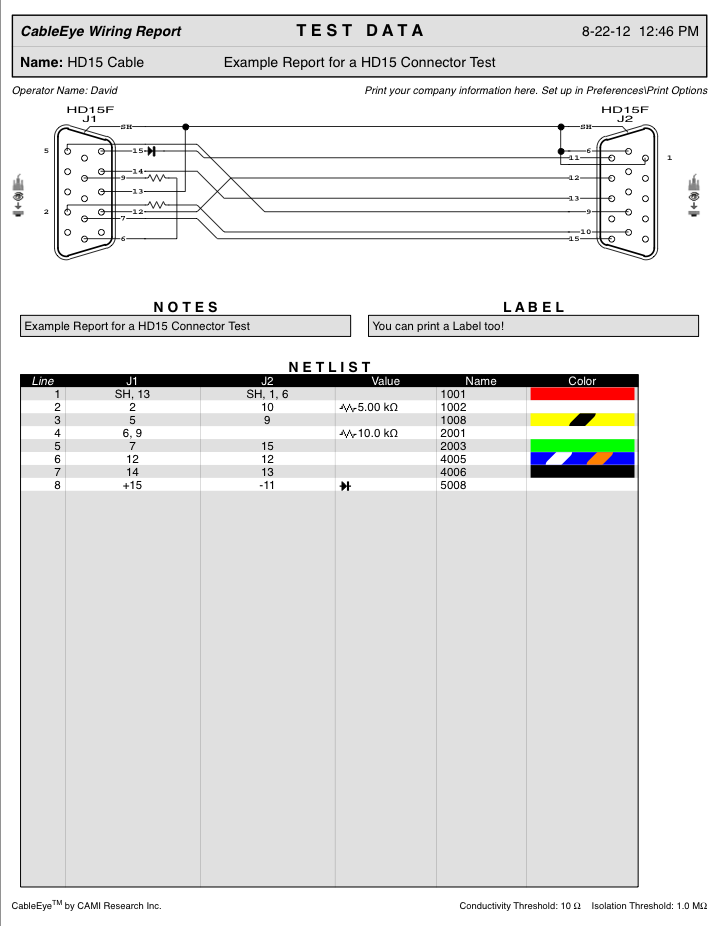 Example shows colour graphics of connector, wiring schematic, and netlist with color-coded wires