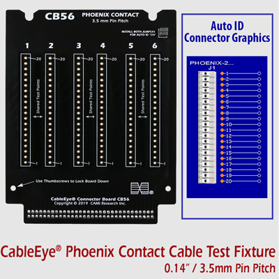CB56, sold without connectors, offers 6 positions for Phoenix Contact connectors or any other connector with 0.14” (3.5 mm) pin pitch. Arranged in three pairs, each pair shares a different set of test points than the other two and so the operator may test a cable that is connected between two different pairs on the same board.