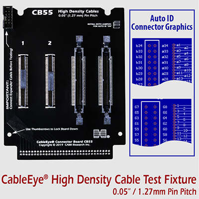 CB55, sold without connectors, has surface mount pads for four dual row connectors at 0.05” (1.27mm) pin pitch with up to 68 pins: two each of different row separations. A single row connector can be soldered to any dual row location. The footprints are suitable for many connectors including those by 3M and ERNI.