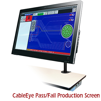 Image of all-in-one computer displaying a failed test on a harness - a large wiring schematic is visible on the screen as well as clear fail indicator.