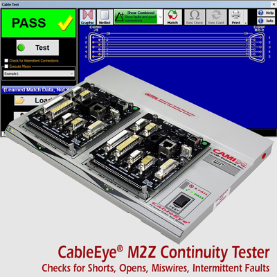 CableEye Tester Model M3Z with Production Mode Display Showing Wiring and Connectors-Under-Test Rendered Graphically.