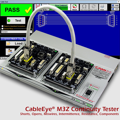 CableEye Tester Model M3Z with Production Mode Display Showing Wiring and Connectors-Under-Test Rendered Graphically.