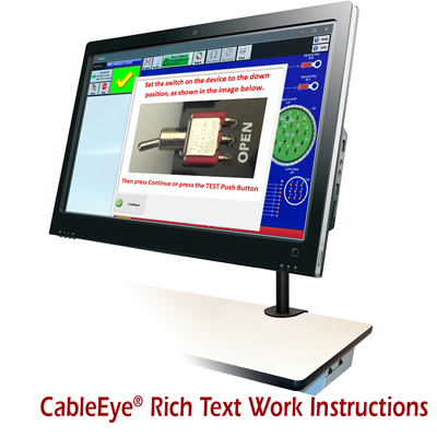 Image of screen showing work instructions containing text and image. Instructions have been programmed to only partially overlap the production test result screen.