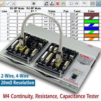 Image of M4 continuity, resistance, capacitance tester overlaying results in netlist view. Annotation shows 2-wire and 4-wire resistance measurements are with 20mΩ resolution.