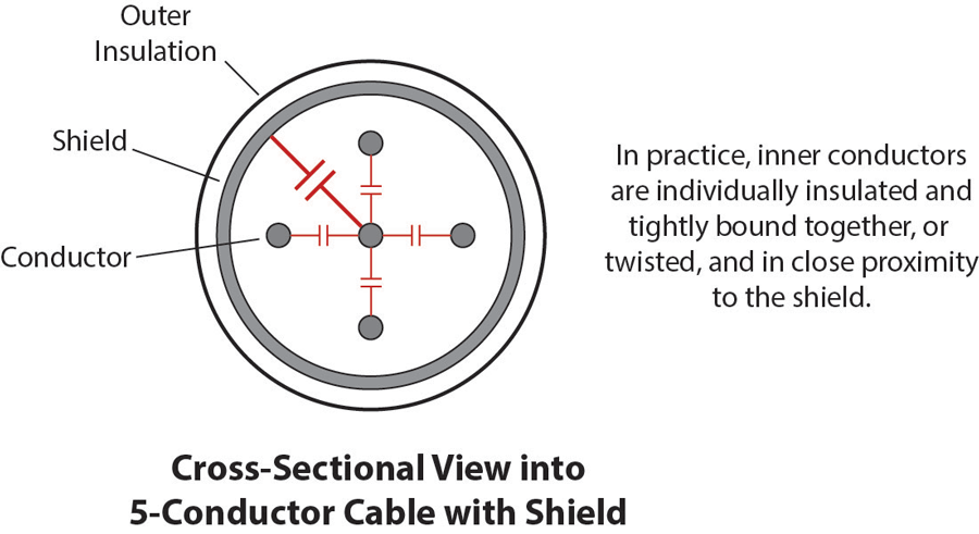 Cross-seciontal view into 5-conductor cable with shield