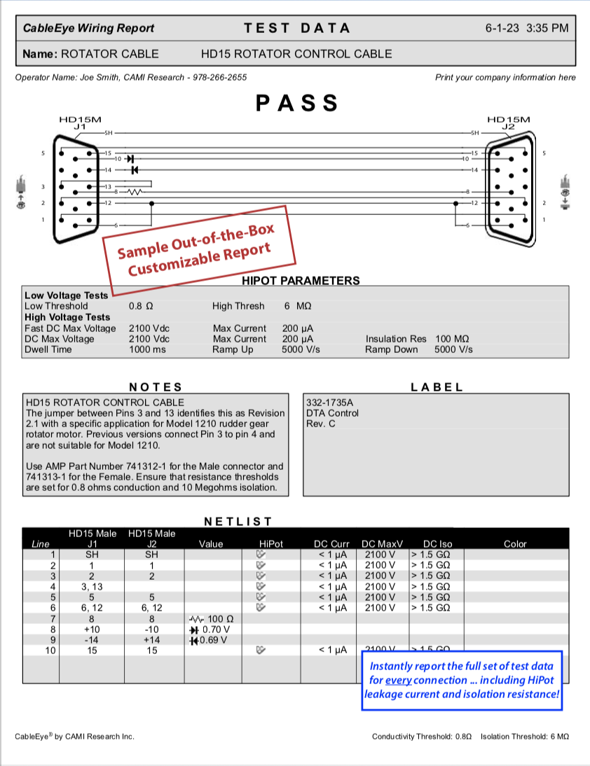 Image of printed report showing wiring schematic, netlist, test parameters, and result (pass).