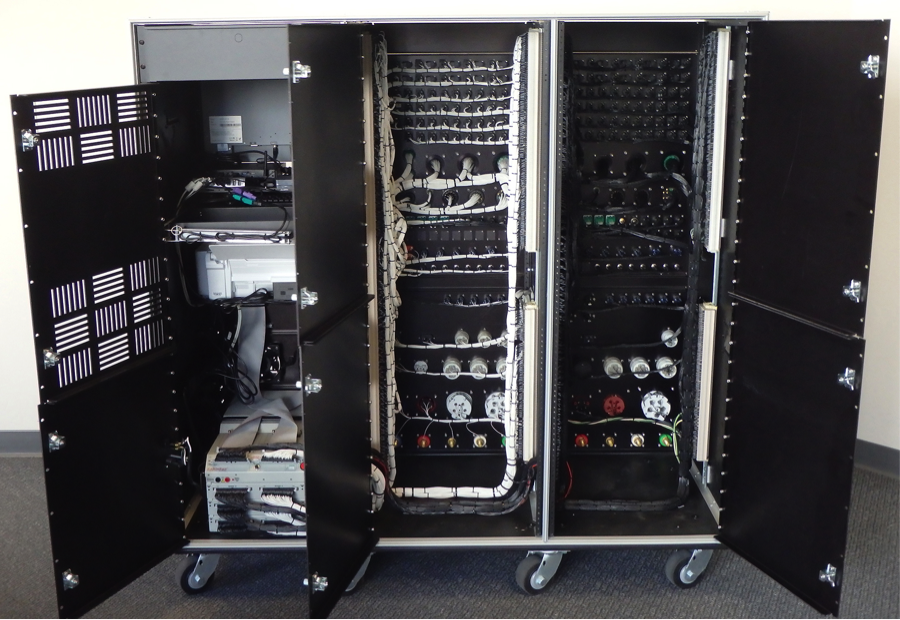 Image of open rear side showing embedded CableEye HVX tester and wire routing to front panels of mpbile unit.
