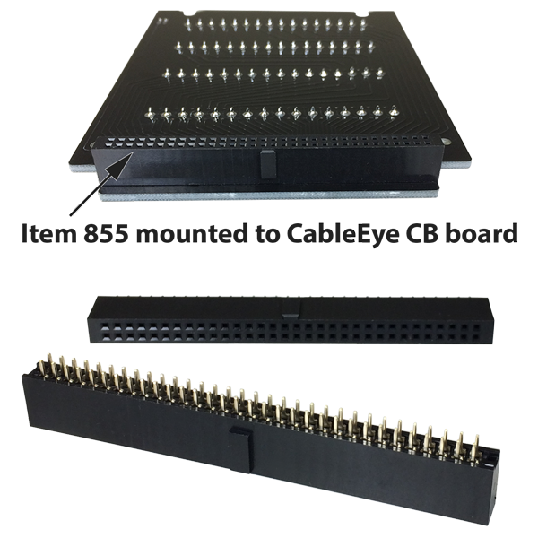 Photo showing socket mounted onto a CableEye CB Board, and two views of an unmounted socket.