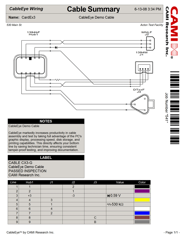 Sample printout shows test report with corporate/customer logo, barcode etc. enabled with CableEye Custom Reporting software option.