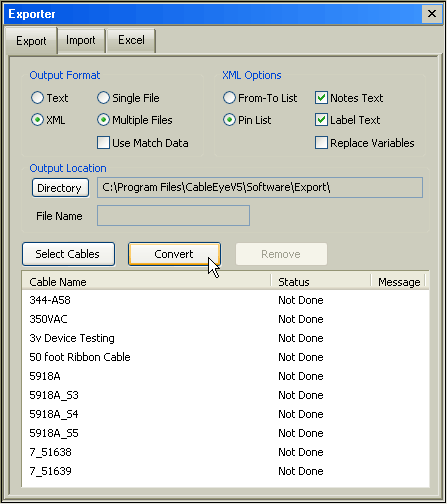 Exporter Control Screen for Exporting and Importing Cable Data