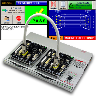 Cable Tester and Harness Tester for Pass/Fail check or diagnostics of continuity (opens, shorts, miswires), intermittent connections, contact and isolation resistance, embedded resistors and diodes. 