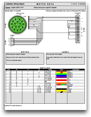 Example shows colour graphics of connector, wiring schematic, and netlist with color-coded wires